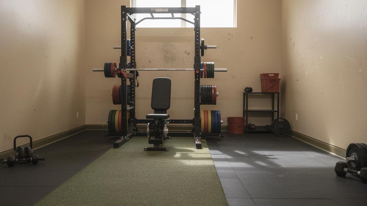 Private training studio with a power rack, calibrated plates and a turf sled lane
