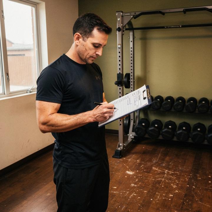 Coach reviewing a written training block beside studio equipment